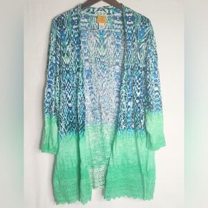 Ruby Rd 3XL Blue/Green Open Cardigan Lace Trim Cotton Women's Light Weight
